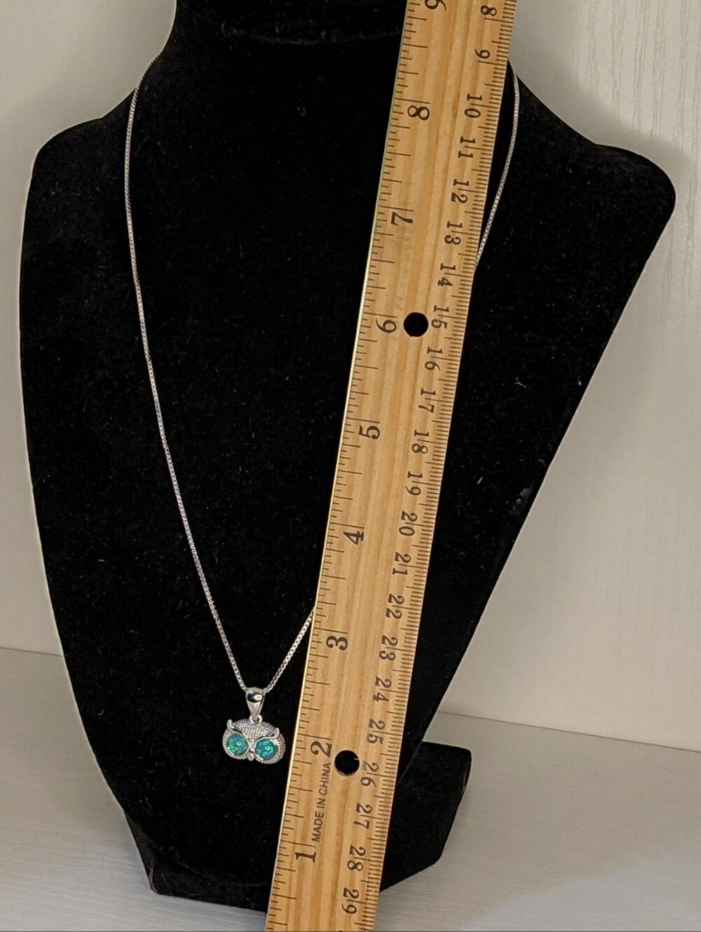Silver Owl Pendant Necklace with Blue Opal Eyes - Picture 3 of 6